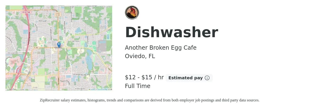 Another Broken Egg Cafe job posting for a Dishwasher in Oviedo, FL with a salary of $13 to $16 Hourly with a map of Oviedo location.