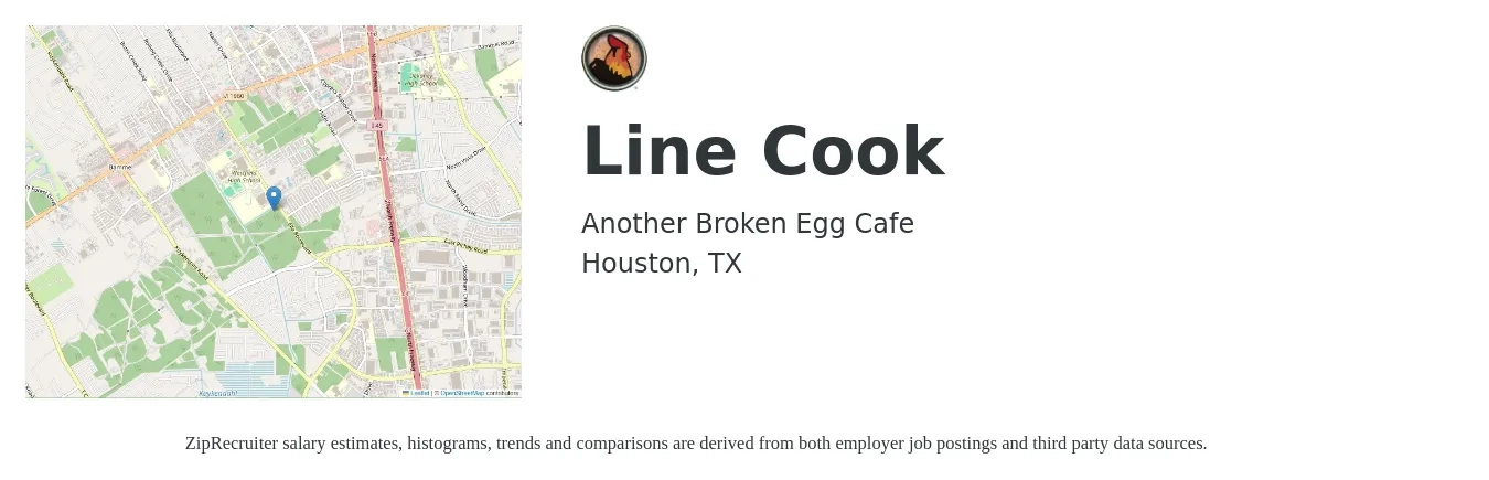 Another Broken Egg Cafe job posting for a Line Cook in Houston, TX with a salary of $13 to $16 Hourly with a map of Houston location.