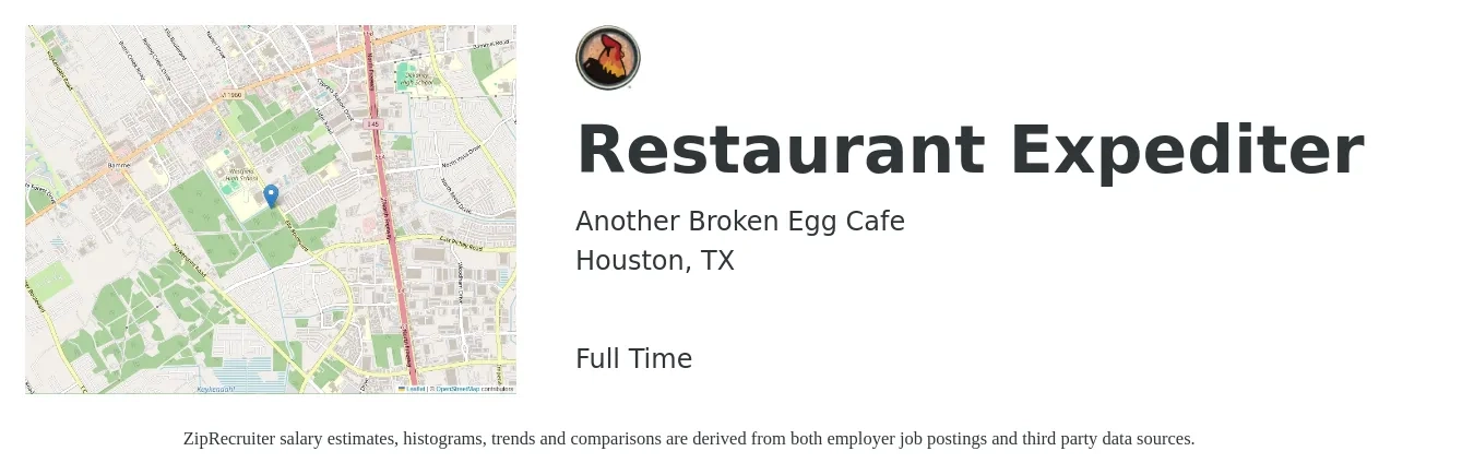 Another Broken Egg Cafe job posting for a Restaurant Expediter in Houston, TX with a salary of $10 to $12 Hourly with a map of Houston location.
