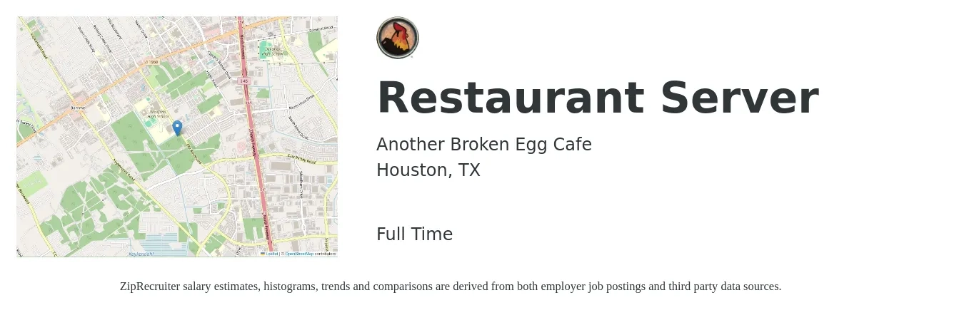 Another Broken Egg Cafe job posting for a Restaurant Server in Houston, TX with a salary of $8 to $14 Hourly with a map of Houston location.