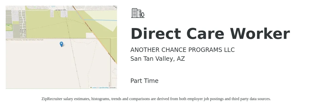 Another Chance Programs job posting for a Direct Care Worker in San Tan Valley, AZ with a salary of $12 to $16 Hourly with a map of San Tan Valley location.