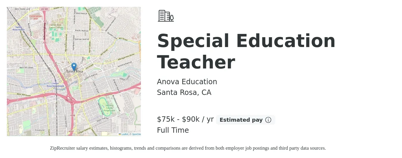 Anova Education job posting for a Special Education Teacher in Santa Rosa, CA with a salary of $75,000 to $90,000 Yearly with a map of Santa Rosa location.