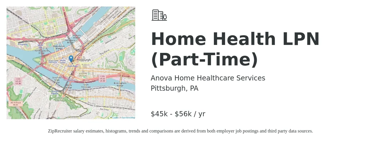 Anova Home Healthcare Services job posting for a Home Health LPN (Part-Time) in Pittsburgh, PA with a salary of $45,000 to $56,000 Yearly with a map of Pittsburgh location.