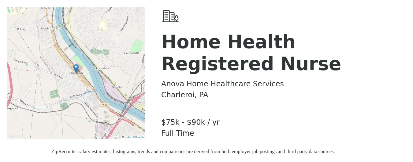 Anova Home Healthcare Services job posting for a Home Health Registered Nurse in Charleroi, PA with a salary of $75,000 to $90,000 Yearly with a map of Charleroi location.