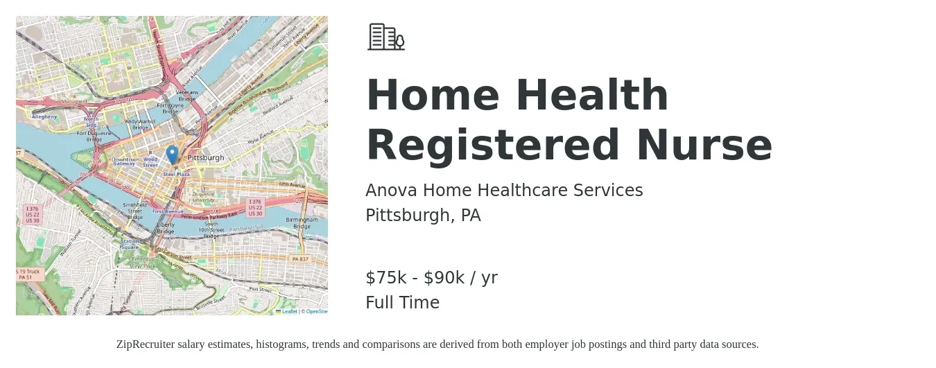 Anova Home Healthcare Services job posting for a Home Health Registered Nurse in Pittsburgh, PA with a salary of $75,000 to $90,000 Yearly with a map of Pittsburgh location.