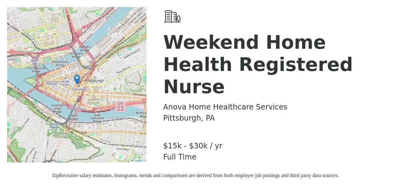 Anova Home Healthcare Services job posting for a Weekend Home Health Registered Nurse in Pittsburgh, PA with a salary of $15,000 to $30,000 Yearly with a map of Pittsburgh location.