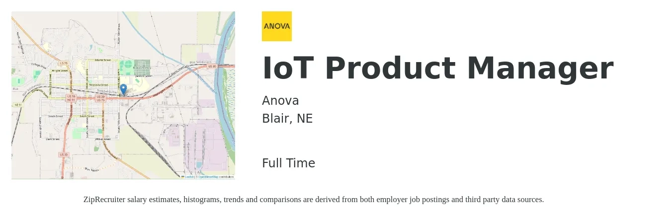 Anova job posting for a IoT Product Manager in Blair, NE with a salary of $139,800 to $195,300 Yearly with a map of Blair location.