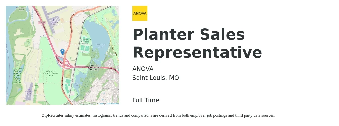 ANOVA job posting for a Planter Sales Representative in Saint Louis, MO with a salary of $80,000 to $120,000 Yearly with a map of Saint Louis location.