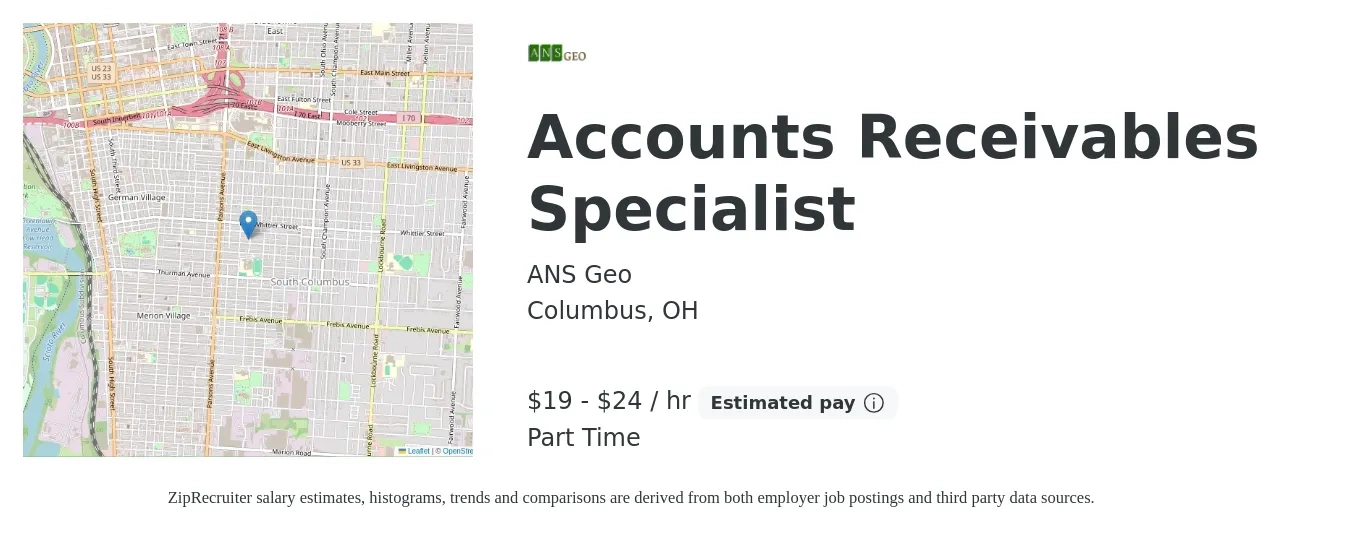 ANS Geo job posting for a Accounts Receivables Specialist in Columbus, OH with a salary of $20 to $25 Hourly with a map of Columbus location.