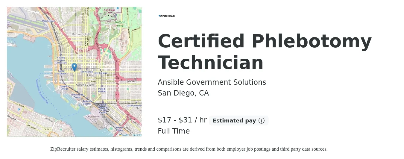 Ansible Government Solutions job posting for a Certified Phlebotomy Technician in San Diego, CA with a salary of $18 to $33 Hourly with a map of San Diego location.