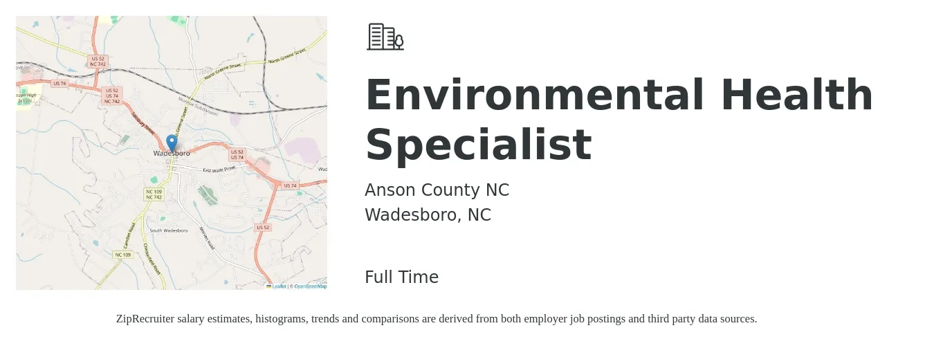 Anson County NC job posting for a Environmental Health Specialist in Wadesboro, NC with a salary of $45,300 to $66,100 Yearly with a map of Wadesboro location.