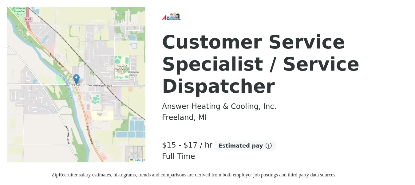 Answer Heating & Cooling, Inc. job posting for a Customer Service Specialist / Service Dispatcher in Freeland, MI with a salary of $16 to $18 Hourly with a map of Freeland location.
