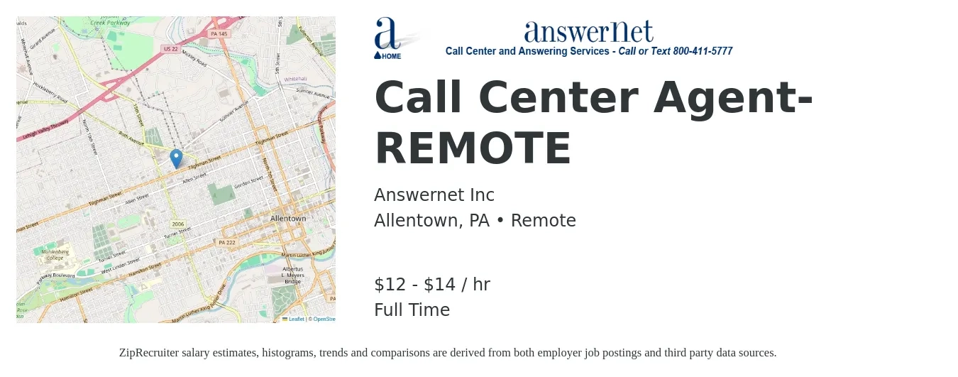 Answernet Inc job posting for a Call Center Agent-REMOTE in Allentown, PA with a salary of $13 to $15 Hourly with a map of Allentown location.