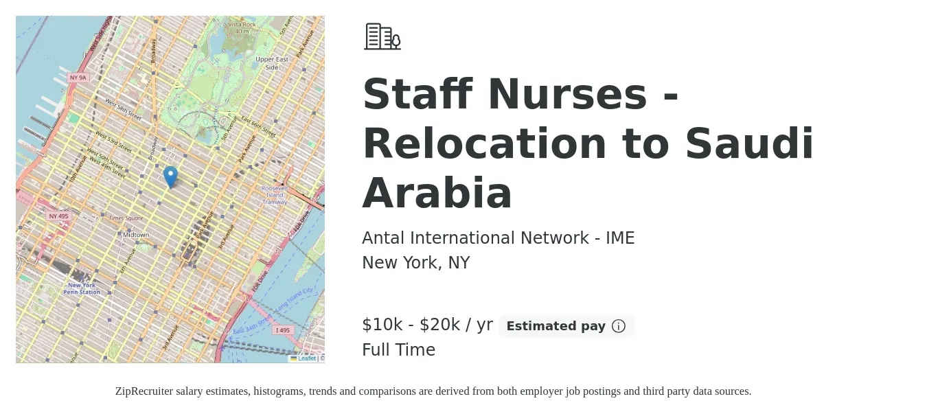 Antal International Network - IME job posting for a Staff Nurses - Relocation to Saudi Arabia in New York, NY with a salary of $33 to $62 Hourly with a map of New York location.