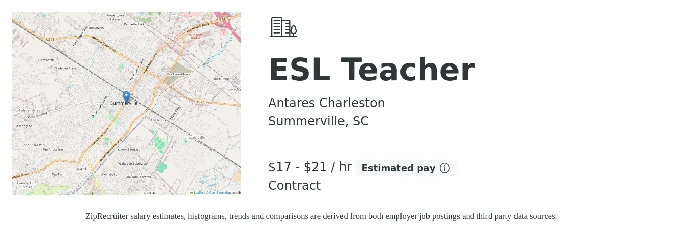 Antares Charleston job posting for a ESL Teacher in Summerville, SC with a salary of $18 to $22 Hourly with a map of Summerville location.