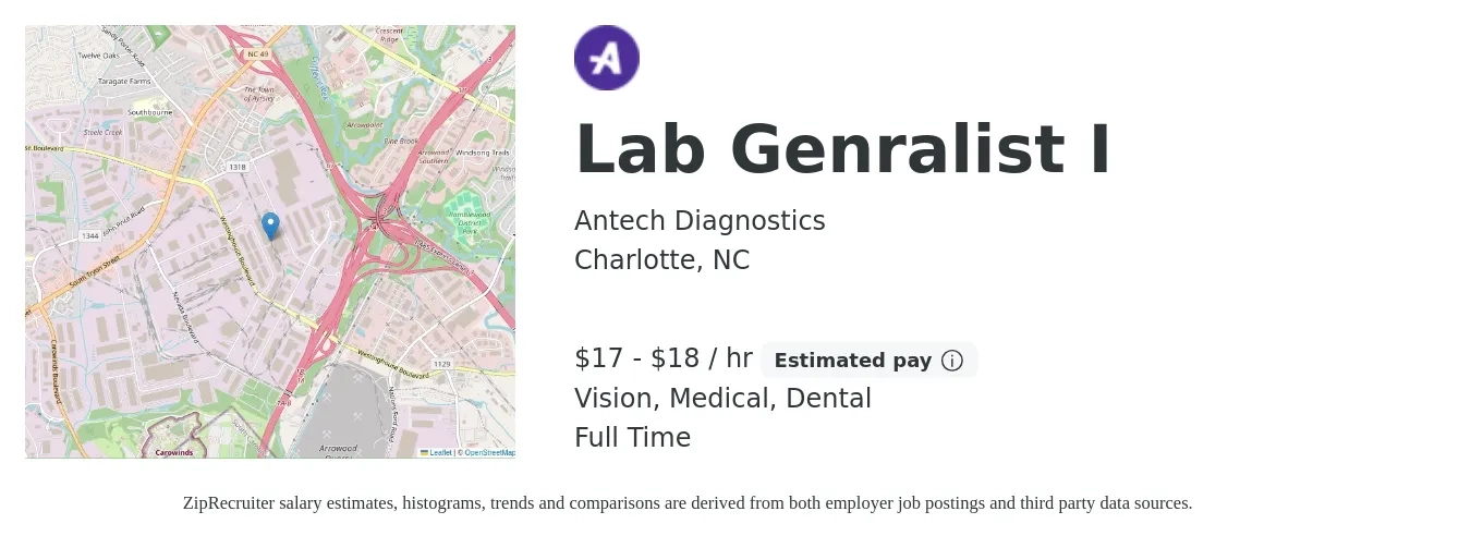 Antech Diagnostics job posting for a Lab Genralist I in Charlotte, NC with a salary of $18 to $19 Hourly and benefits including dental, life_insurance, medical, pto, retirement, and vision with a map of Charlotte location.