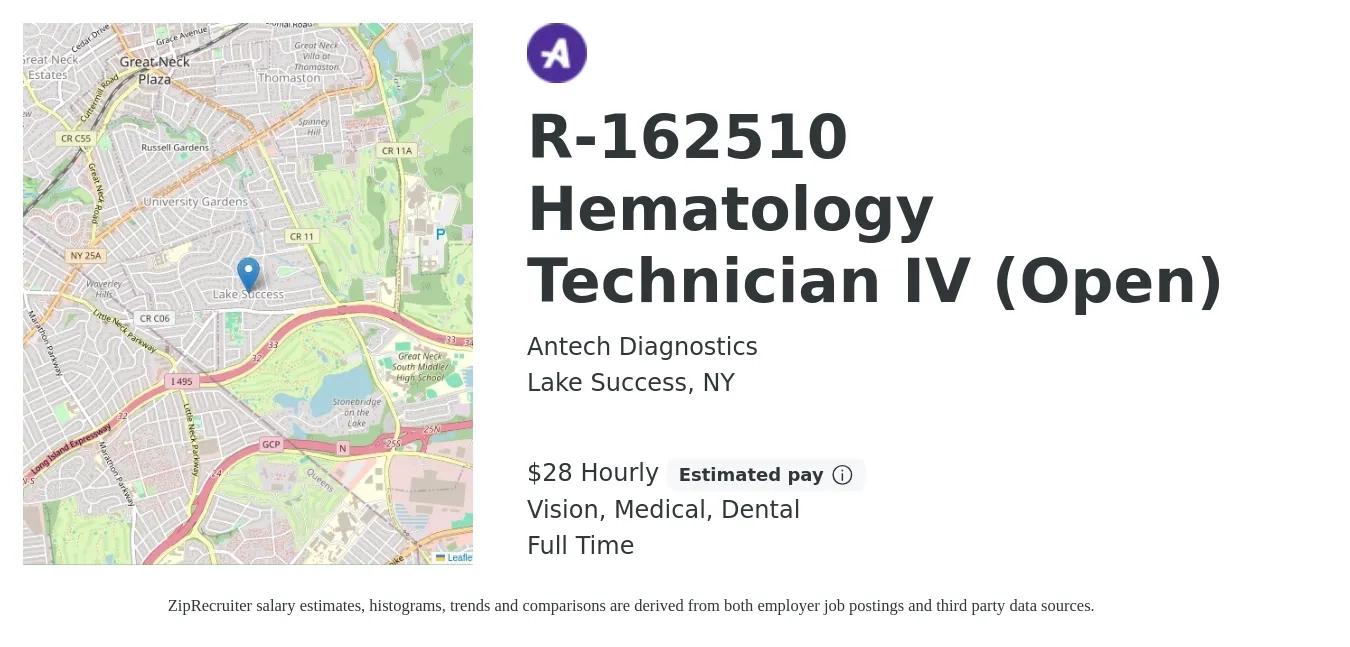 Antech Diagnostics job posting for a R-162510 Hematology Technician IV (Open) in Lake Success, NY with a salary of $30 Hourly and benefits including dental, life_insurance, medical, pto, retirement, and vision with a map of Lake Success location.