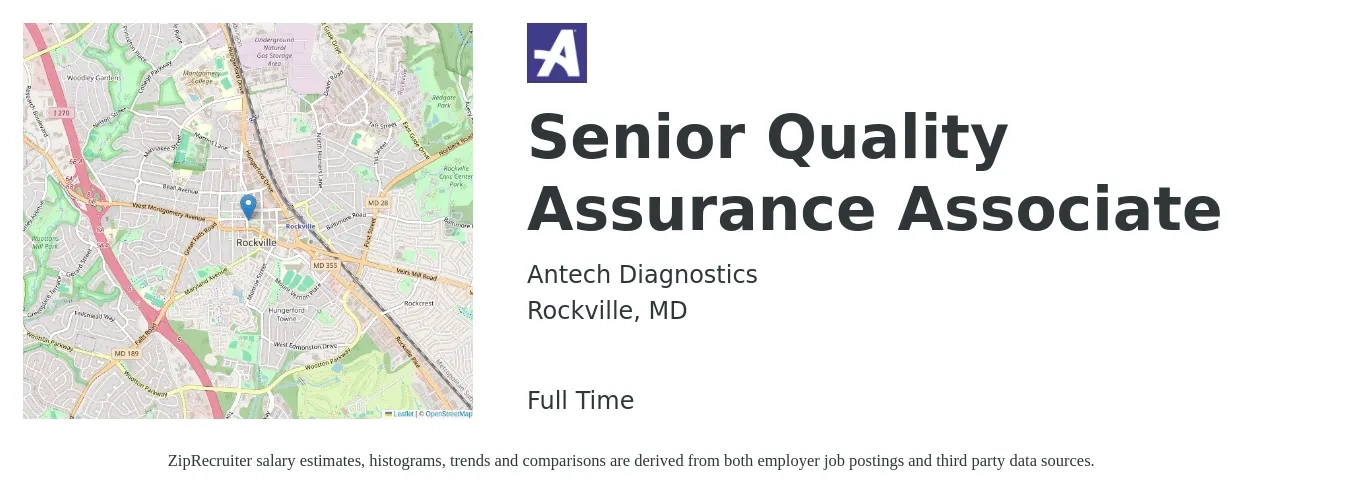 Antech Diagnostics job posting for a Senior Quality Assurance Associate in Rockville, MD with a salary of $45,400 to $96,800 Yearly with a map of Rockville location.