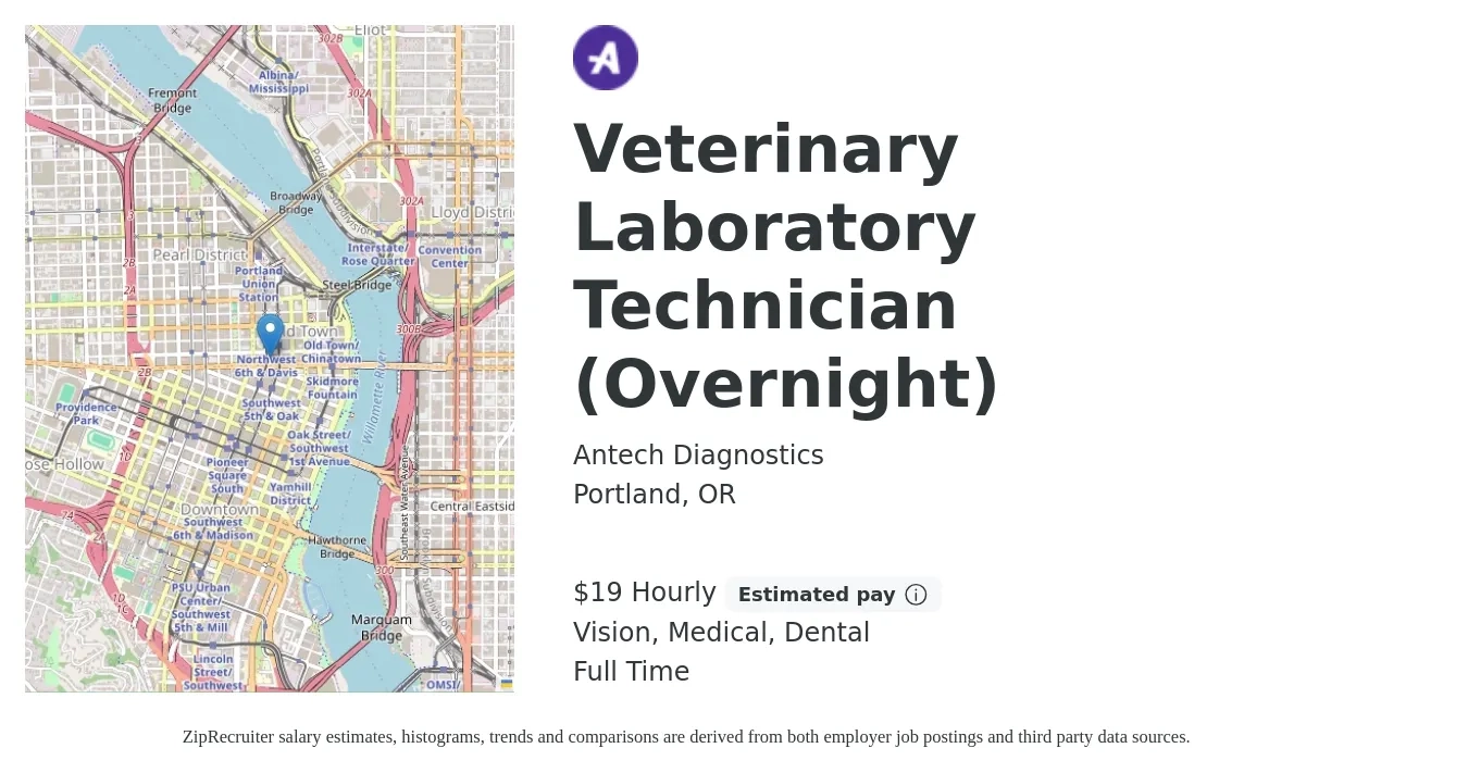 Antech Diagnostics job posting for a Veterinary Laboratory Technician (Overnight) in Portland, OR with a salary of $21 Hourly and benefits including medical, pto, retirement, vision, dental, and life_insurance with a map of Portland location.