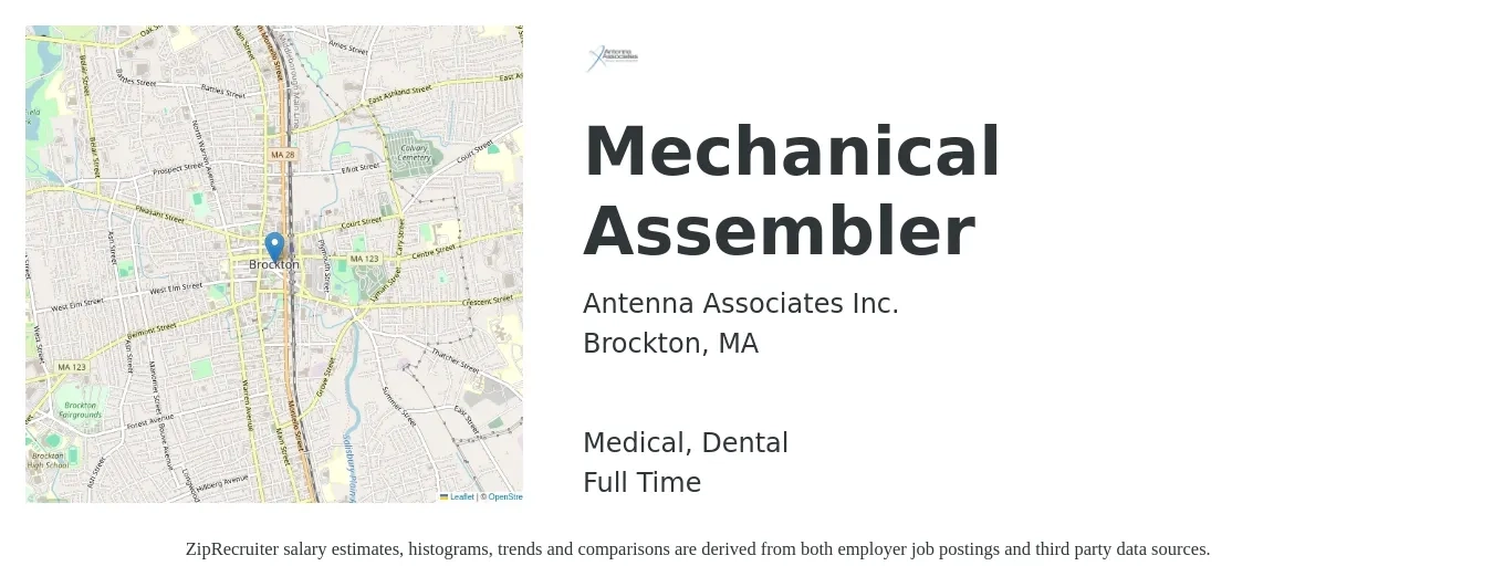 Antenna Associates Inc. job posting for a Mechanical Assembler in Brockton, MA with a salary of $18 to $22 Hourly and benefits including dental, life_insurance, medical, pto, and retirement with a map of Brockton location.