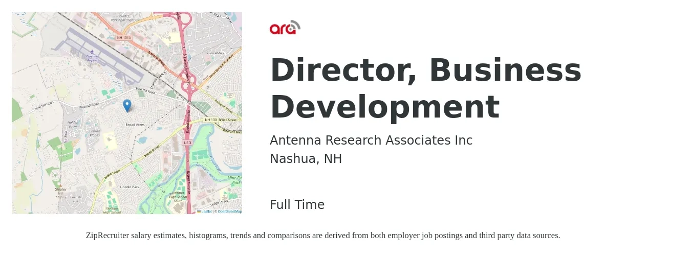 Antenna Research Associates Inc job posting for a Director, Business Development in Nashua, NH with a salary of $88,600 to $148,900 Yearly with a map of Nashua location.