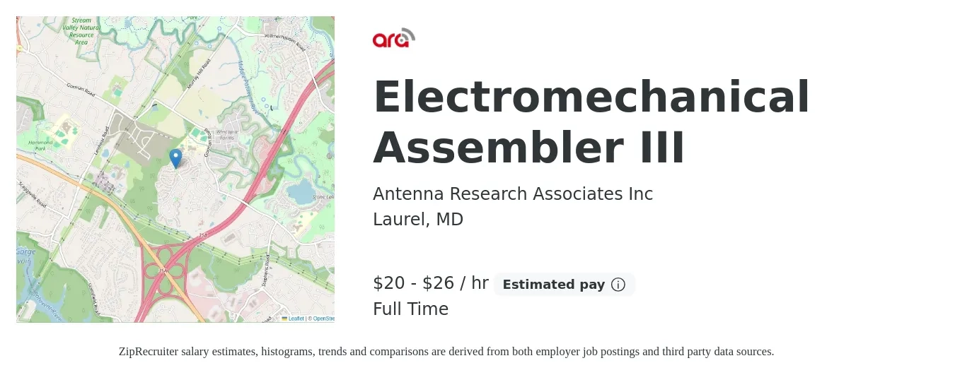 Antenna Research Associates Inc job posting for a Electromechanical Assembler III in Laurel, MD with a salary of $22 to $28 Hourly with a map of Laurel location.