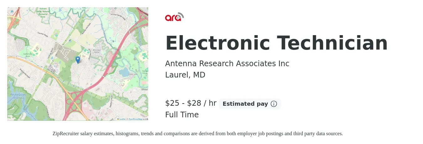 Antenna Research Associates Inc job posting for a Electronic Technician in Laurel, MD with a salary of $27 to $30 Hourly with a map of Laurel location.