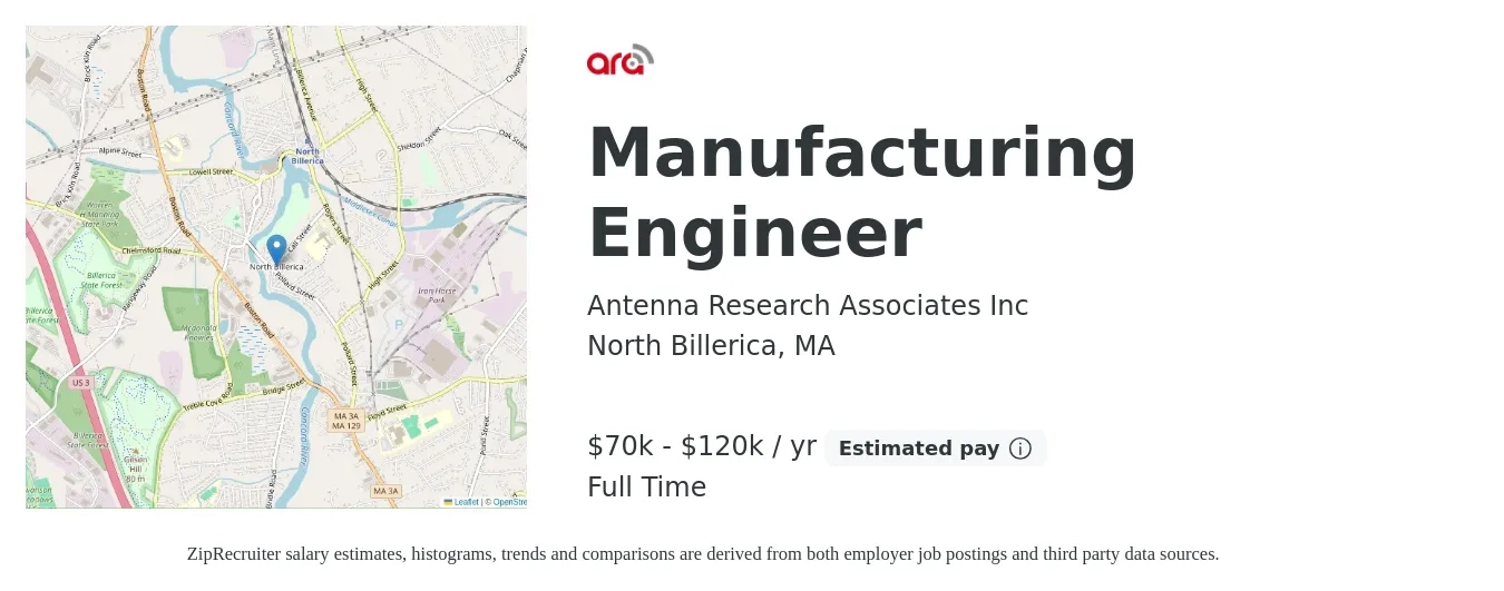 Antenna Research Associates Inc job posting for a Manufacturing Engineer in North Billerica, MA with a salary of $70,000 to $120,000 Yearly with a map of North Billerica location.