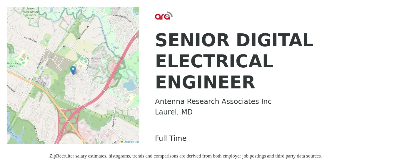 Antenna Research Associates Inc job posting for a SENIOR DIGITAL ELECTRICAL ENGINEER in Laurel, MD with a salary of $106,900 to $139,300 Yearly with a map of Laurel location.