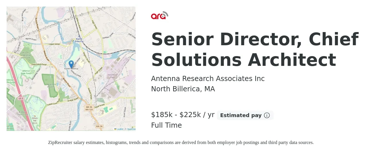 Antenna Research Associates Inc job posting for a Senior Director, Chief Solutions Architect in North Billerica, MA with a salary of $185,000 to $225,000 Yearly with a map of North Billerica location.
