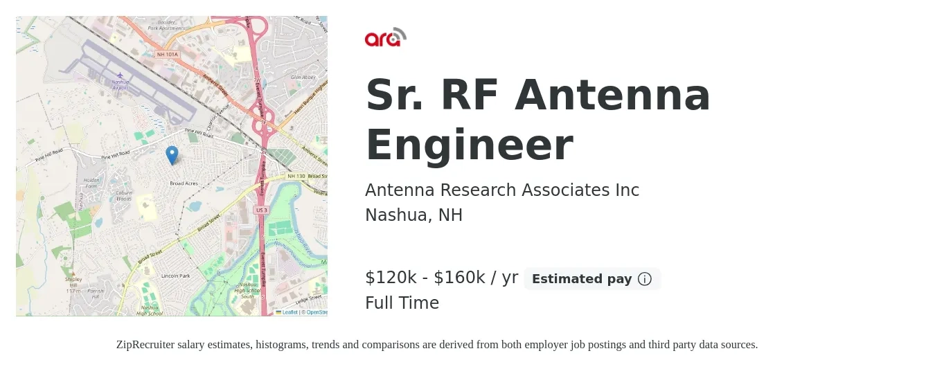 Antenna Research Associates Inc job posting for a Sr. RF Antenna Engineer in Nashua, NH with a salary of $120,000 to $160,000 Yearly with a map of Nashua location.