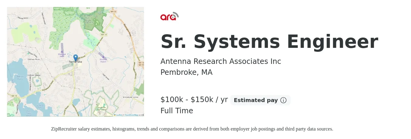 Antenna Research Associates Inc job posting for a Sr. Systems Engineer in Pembroke, MA with a salary of $100,000 to $150,000 Yearly with a map of Pembroke location.