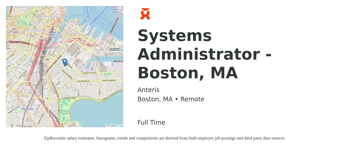 Anteris job posting for a Systems Administrator - Boston, MA in Boston, MA with a salary of $55,000 to $65,000 Yearly with a map of Boston location.