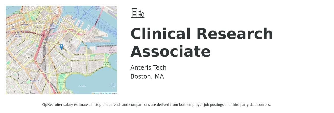 Anteris Tech job posting for a Clinical Research Associate in Boston, MA with a salary of $32 to $60 Hourly with a map of Boston location.