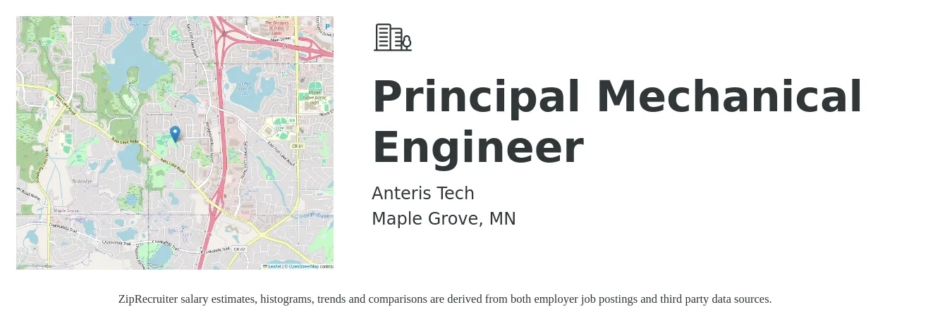 Anteris Tech job posting for a Principal Mechanical Engineer in Maple Grove, MN with a salary of $139,300 to $159,700 Yearly with a map of Maple Grove location.