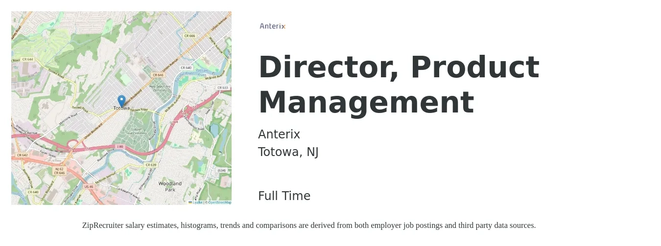 Anterix job posting for a Director, Product Management in Totowa, NJ with a salary of $236,000 to $247,200 Yearly with a map of Totowa location.
