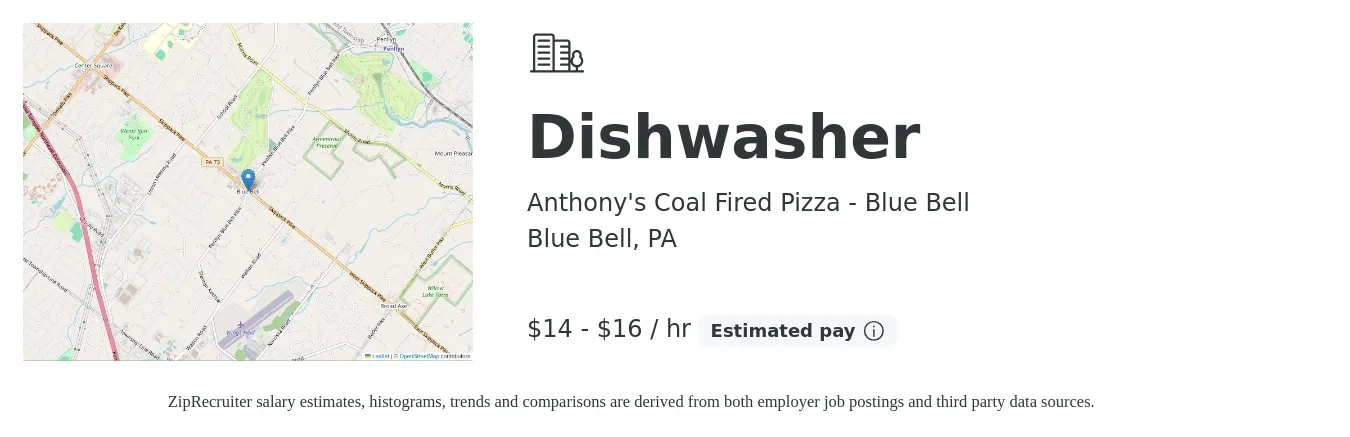Anthony's Coal Fired Pizza - Blue Bell job posting for a Dishwasher in Blue Bell, PA with a salary of $15 to $17 Hourly with a map of Blue Bell location.