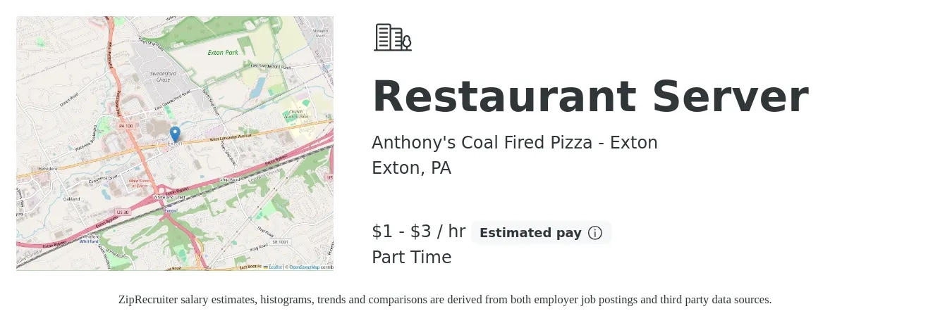 Anthony's Coal Fired Pizza - Exton job posting for a Restaurant Server in Exton, PA with a salary of $2 to $4 Hourly with a map of Exton location.