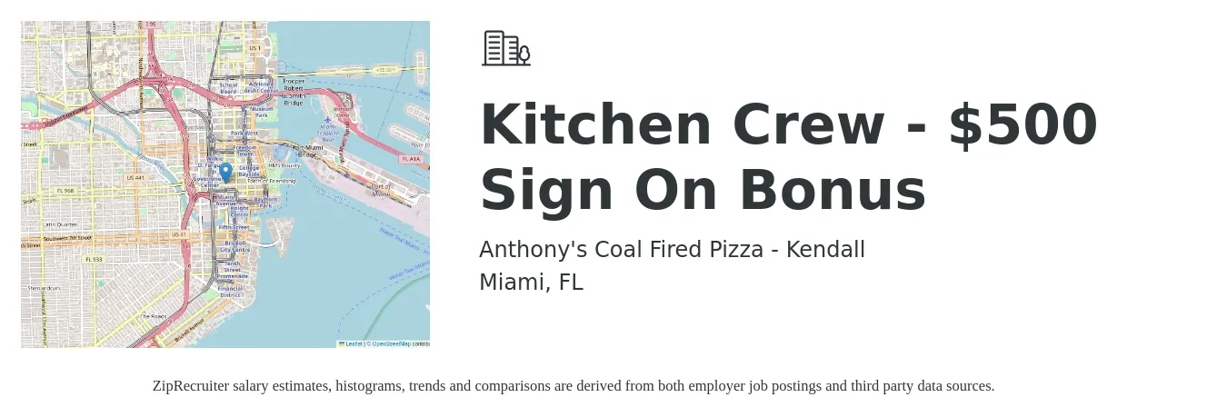 Anthony's Coal Fired Pizza - Kendall job posting for a Kitchen Crew - $500 Sign On Bonus in Miami, FL with a salary of $14 to $17 Hourly with a map of Miami location.