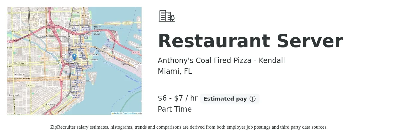 Anthony's Coal Fired Pizza - Kendall job posting for a Restaurant Server in Miami, FL with a salary of $7 to $8 Hourly with a map of Miami location.
