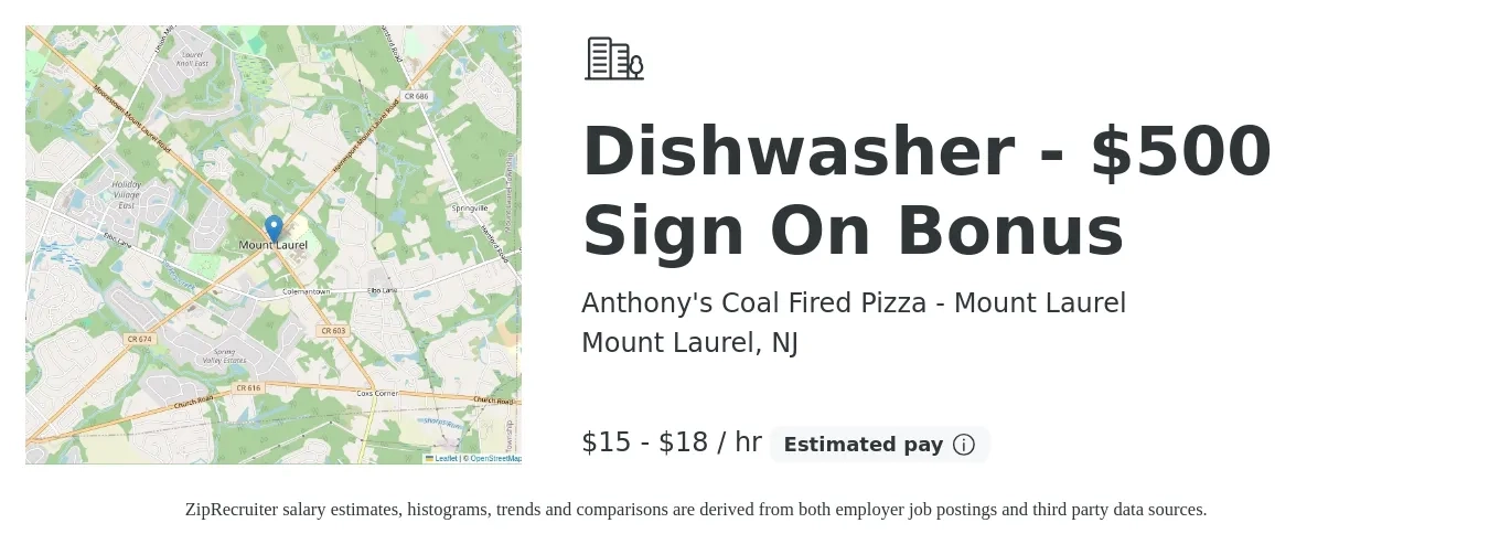 Anthony's Coal Fired Pizza - Mount Laurel job posting for a Dishwasher - $500 Sign On Bonus in Mount Laurel, NJ with a salary of $16 to $19 Hourly with a map of Mount Laurel location.