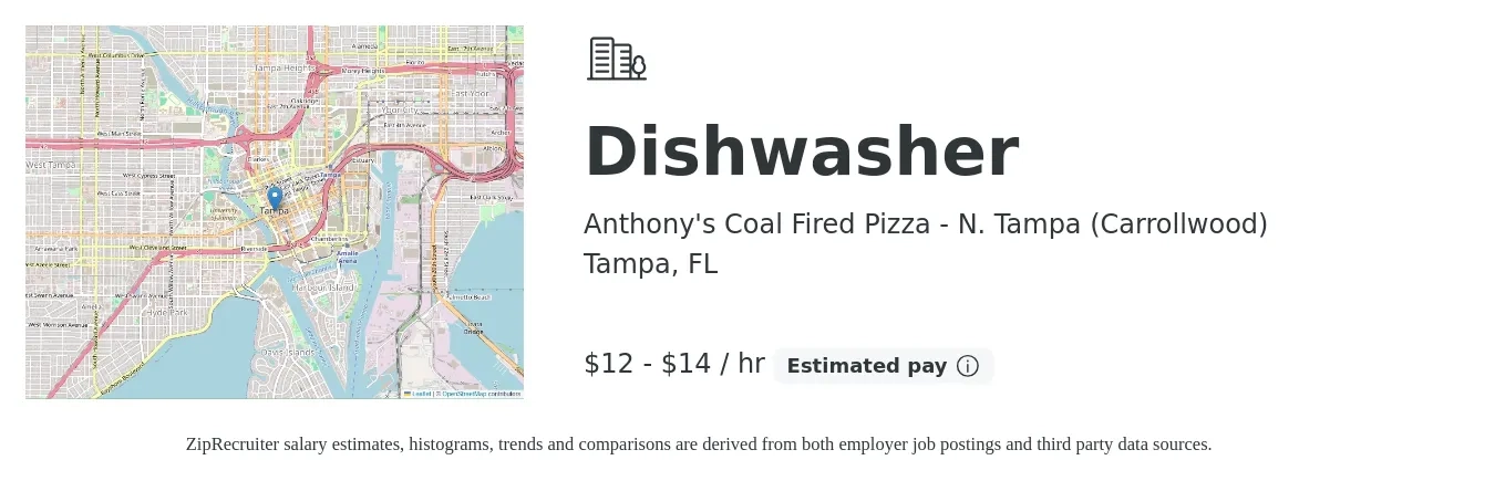 Anthony's Coal Fired Pizza - N. Tampa (Carrollwood) job posting for a Dishwasher in Tampa, FL with a salary of $13 to $15 Hourly with a map of Tampa location.