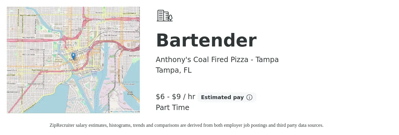 Anthony's Coal Fired Pizza - Tampa job posting for a Bartender in Tampa, FL with a salary of $7 to $10 Hourly with a map of Tampa location.