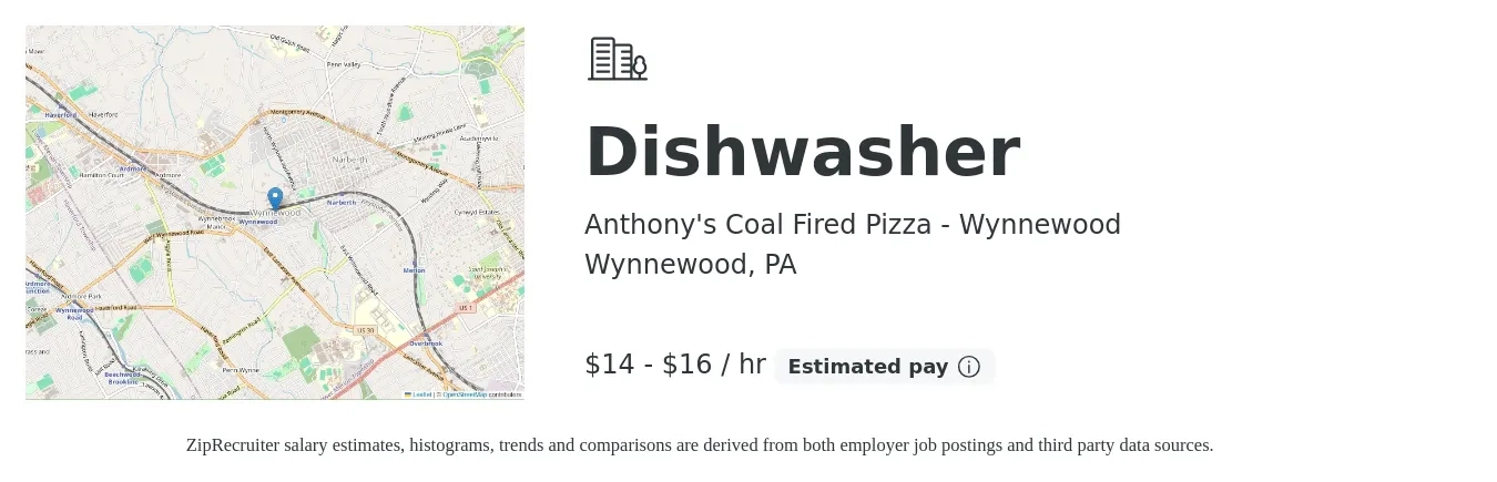 Anthony's Coal Fired Pizza - Wynnewood job posting for a Dishwasher in Wynnewood, PA with a salary of $15 to $17 Hourly with a map of Wynnewood location.