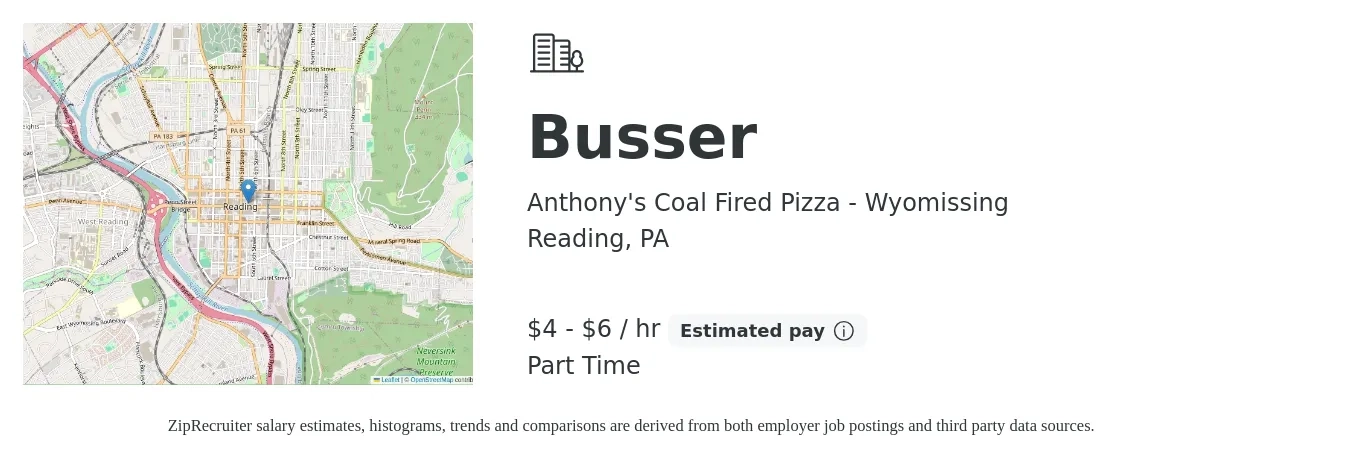 Anthony's Coal Fired Pizza - Wyomissing job posting for a Busser in Reading, PA with a salary of $5 to $7 Hourly with a map of Reading location.
