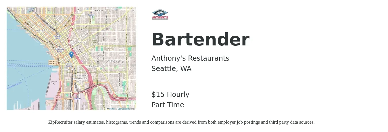 Anthony's Restaurants job posting for a Bartender in Seattle, WA with a salary of $20 Hourly with a map of Seattle location.