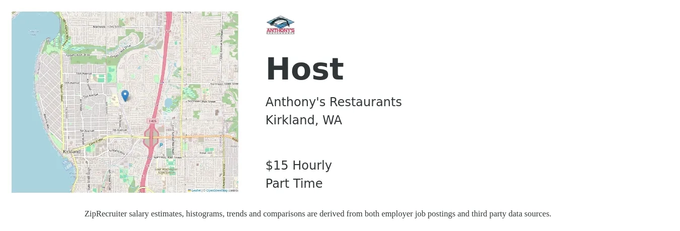 Anthony's Restaurants job posting for a Host in Kirkland, WA with a salary of $16 Hourly with a map of Kirkland location.