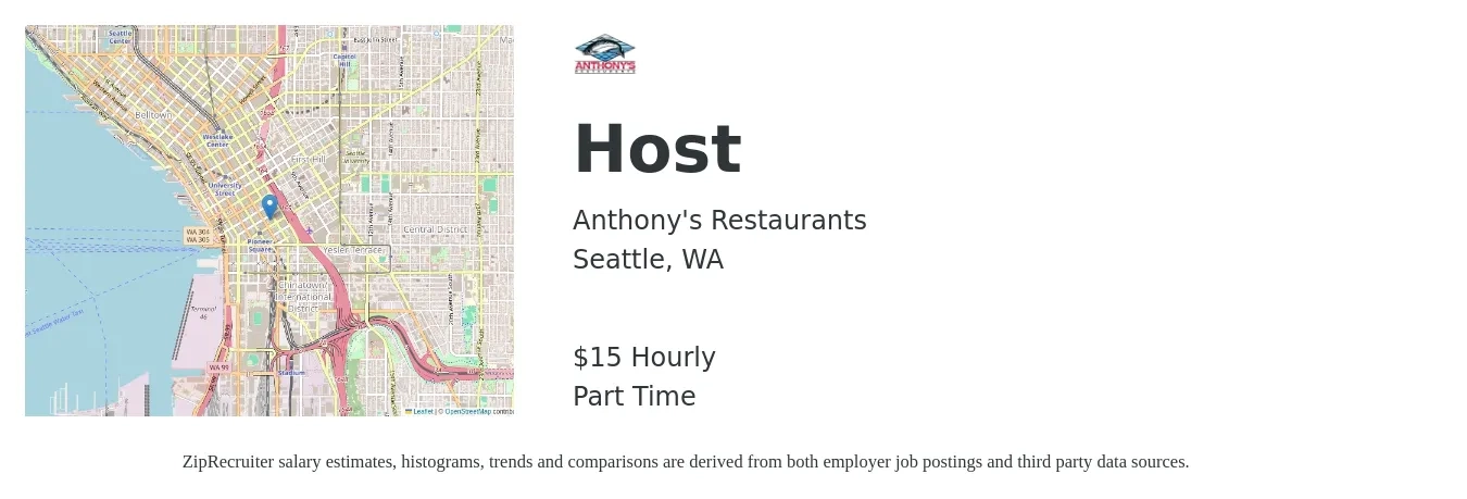 Anthony's Restaurants job posting for a Host in Seattle, WA with a salary of $16 Hourly with a map of Seattle location.