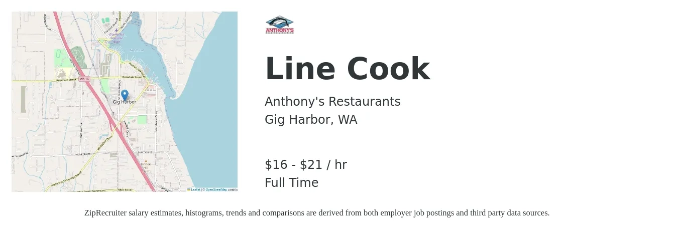 Anthony's Restaurants job posting for a Line Cook in Gig Harbor, WA with a salary of $17 to $22 Hourly with a map of Gig Harbor location.