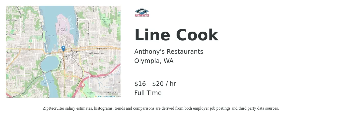 Anthony's Restaurants job posting for a Line Cook in Olympia, WA with a salary of $17 to $22 Hourly with a map of Olympia location.